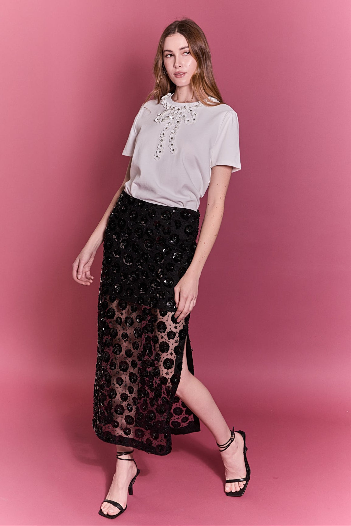Flower Sequin Sheer Midi Skirt