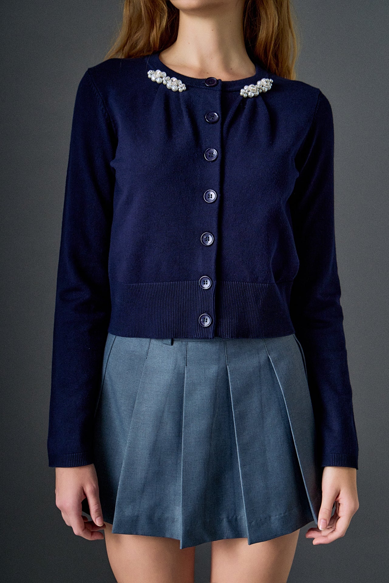 ENGLISH FACTORY - Pearl and Rhinestone Accent Cardigan - SWEATERS & KNITS available at Objectrare