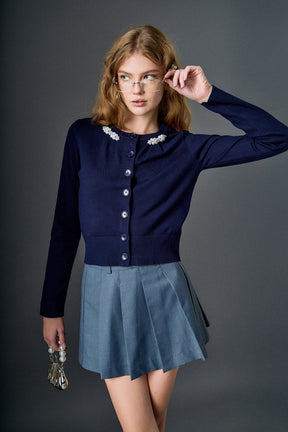 ENGLISH FACTORY - Pearl and Rhinestone Accent Cardigan - SWEATERS & KNITS available at Objectrare