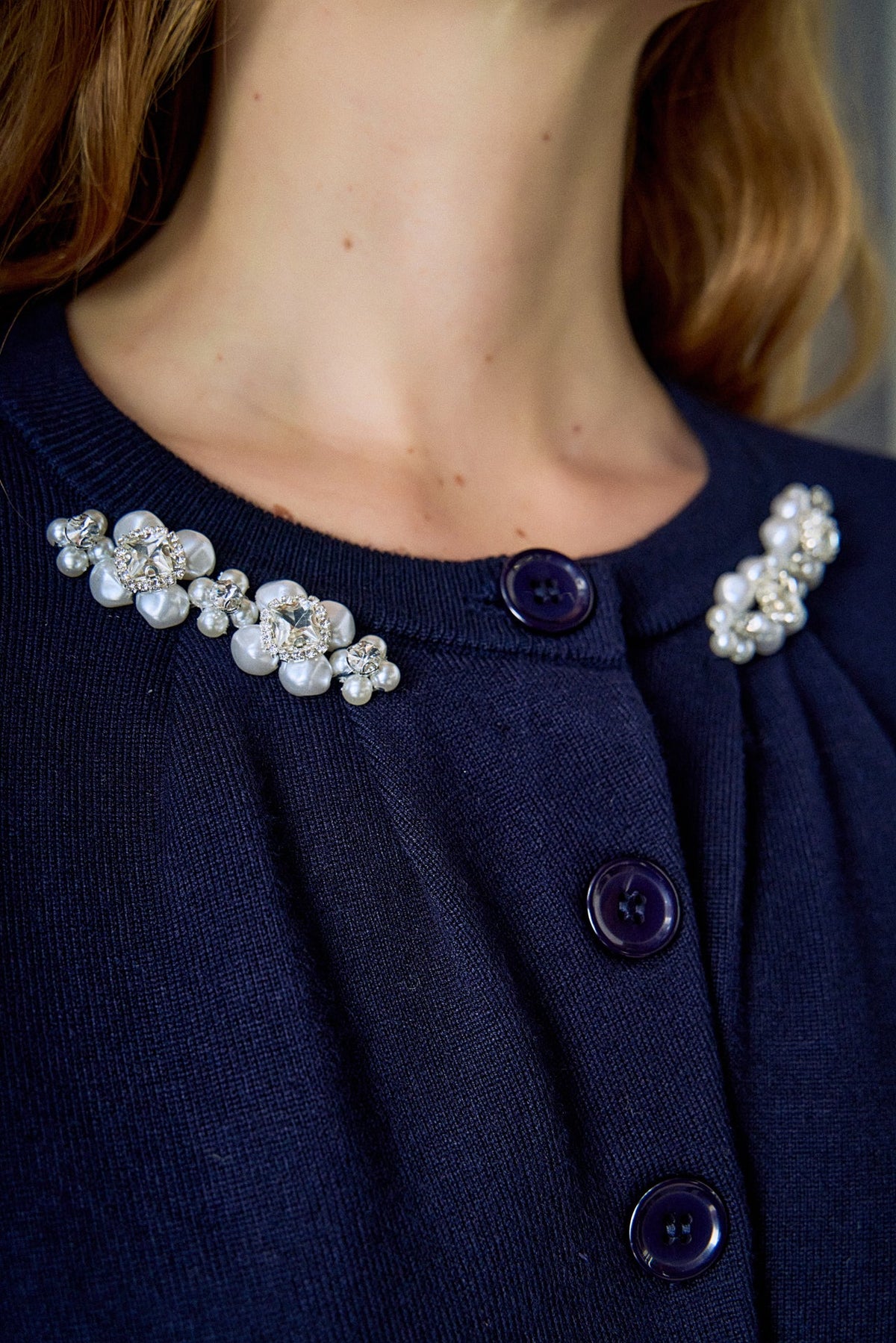 ENGLISH FACTORY - Pearl and Rhinestone Accent Cardigan - SWEATERS & KNITS available at Objectrare