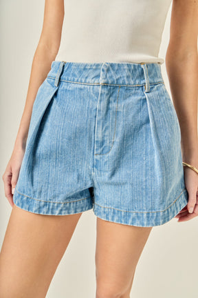 High Rise Pleated Denim Shorts