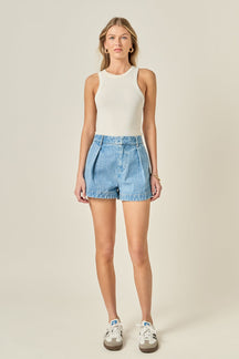 High Rise Pleated Denim Shorts