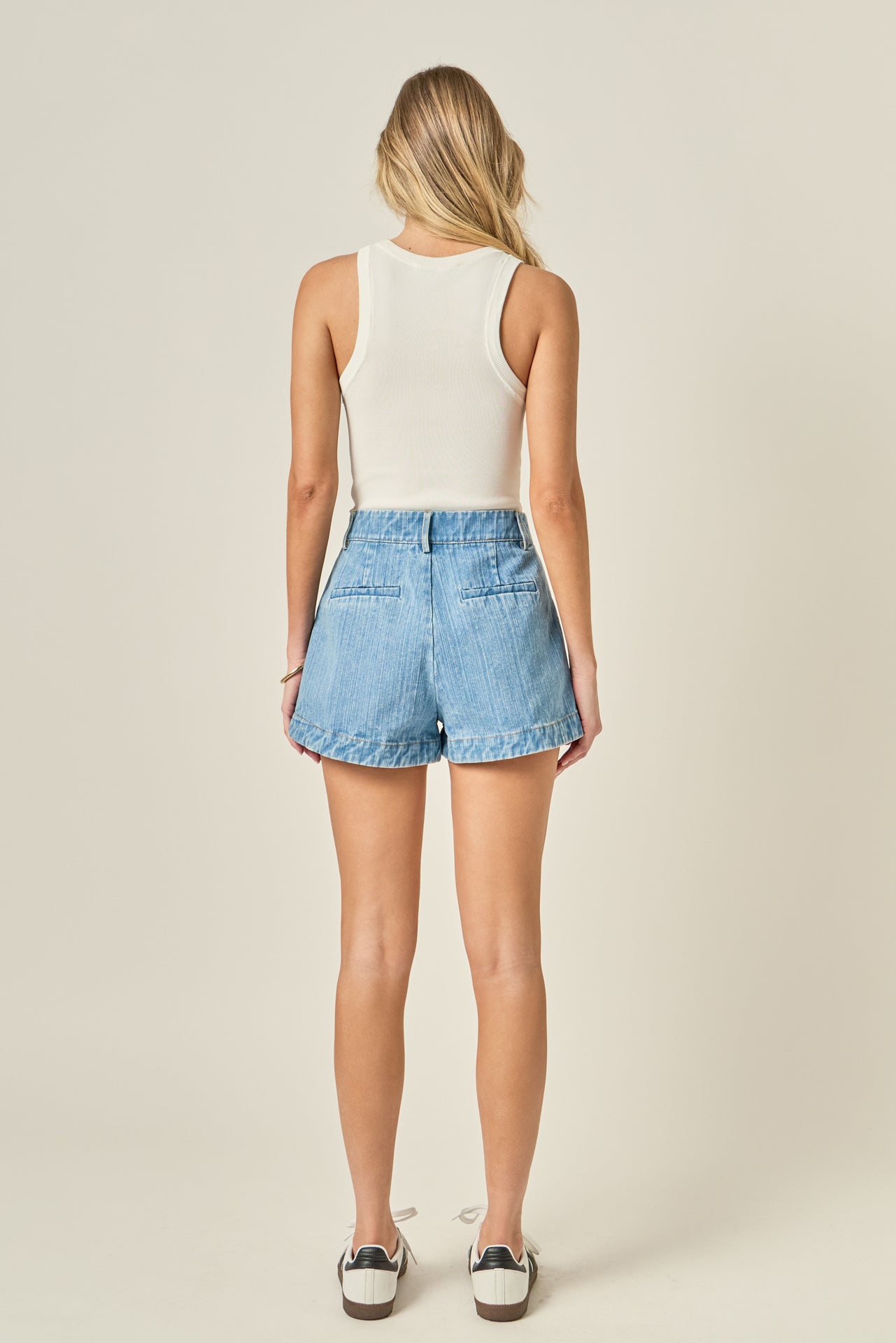 High Rise Pleated Denim Shorts