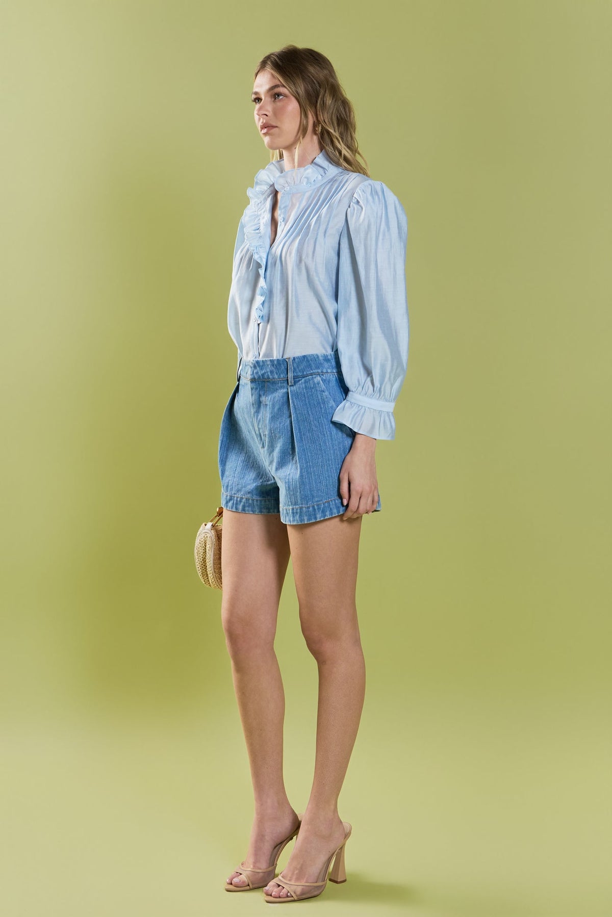 ENGLISH FACTORY - High Rise Pleated Denim Shorts - SHORTS available at Objectrare