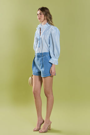 ENGLISH FACTORY - High Rise Pleated Denim Shorts - SHORTS available at Objectrare