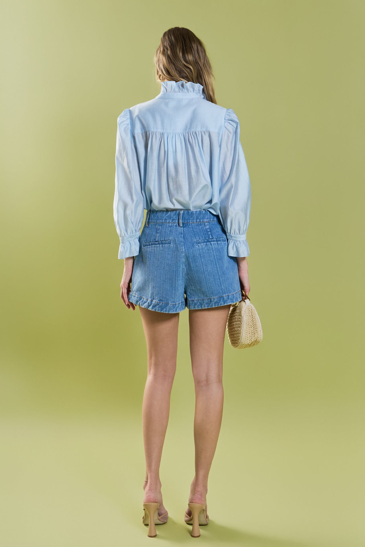 ENGLISH FACTORY - High Rise Pleated Denim Shorts - SHORTS available at Objectrare