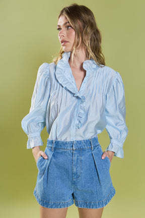 ENGLISH FACTORY - High Rise Pleated Denim Shorts - SHORTS available at Objectrare