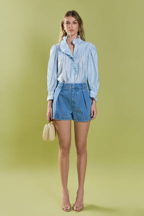 ENGLISH FACTORY - High Rise Pleated Denim Shorts - SHORTS available at Objectrare