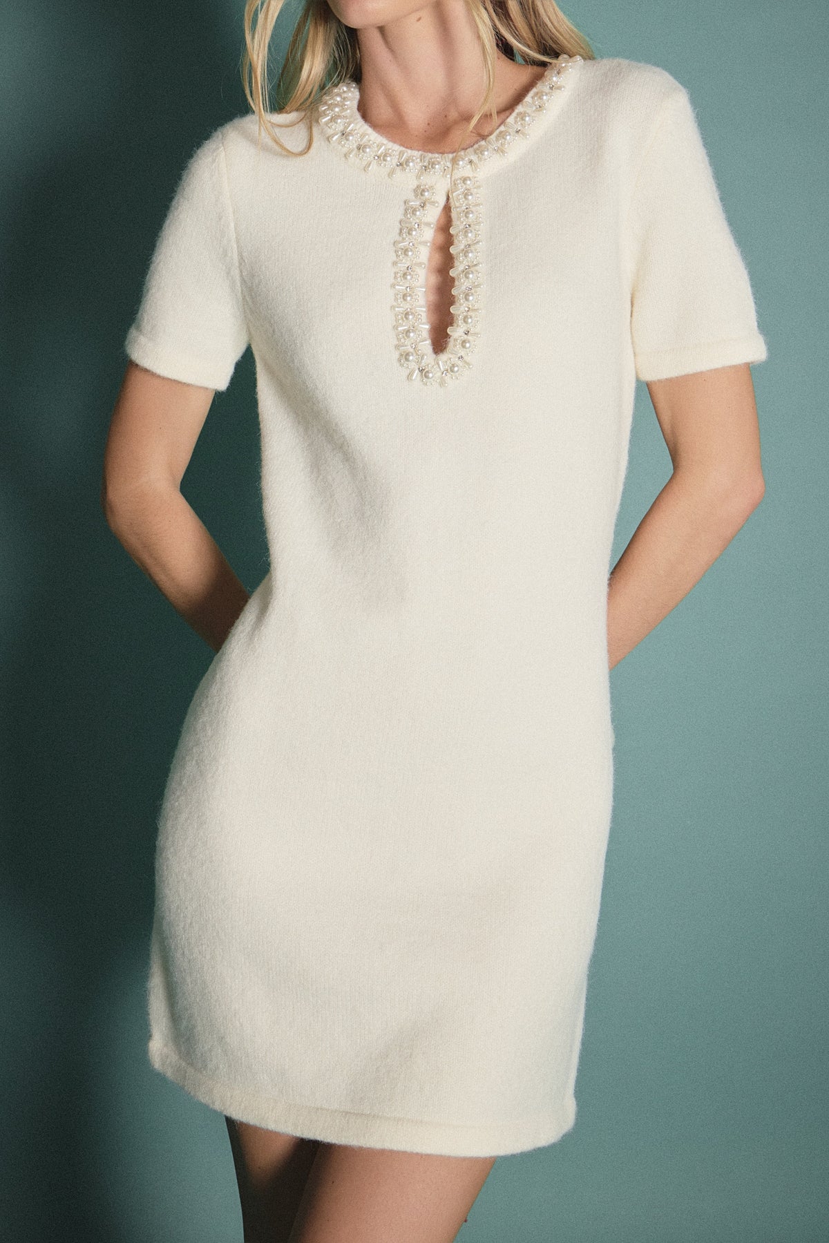 Pearl Embellished Knit Mini Dress