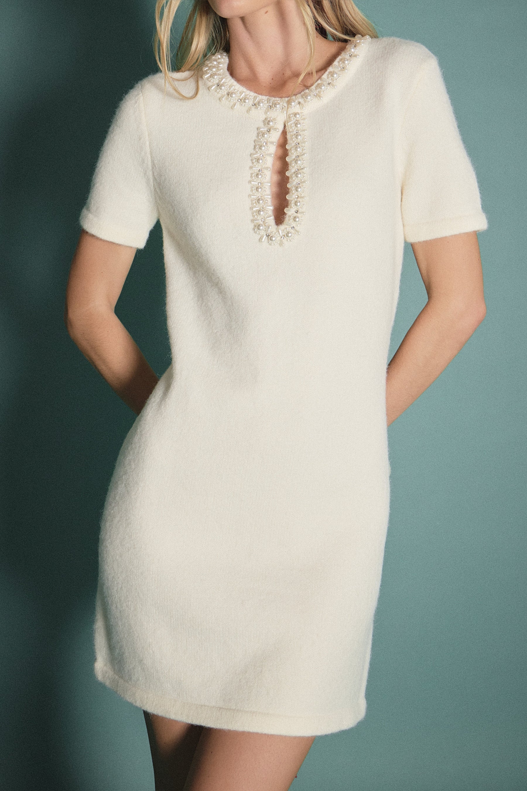 ENGLISH FACTORY - Pearl Embellished Knit Mini Dress - DRESSES available at Objectrare