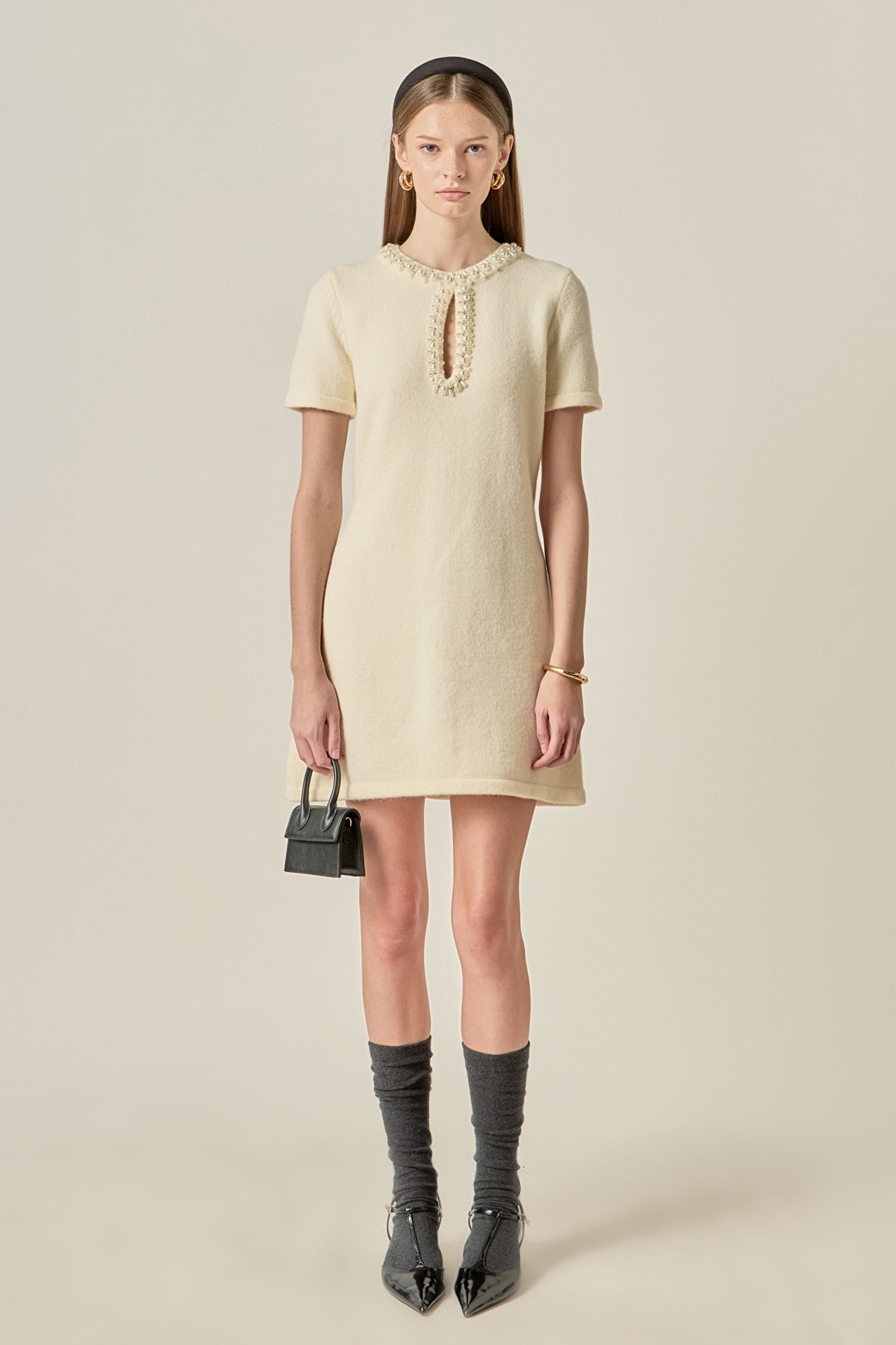 ENGLISH FACTORY - Pearl Embellished Knit Mini Dress - DRESSES available at Objectrare