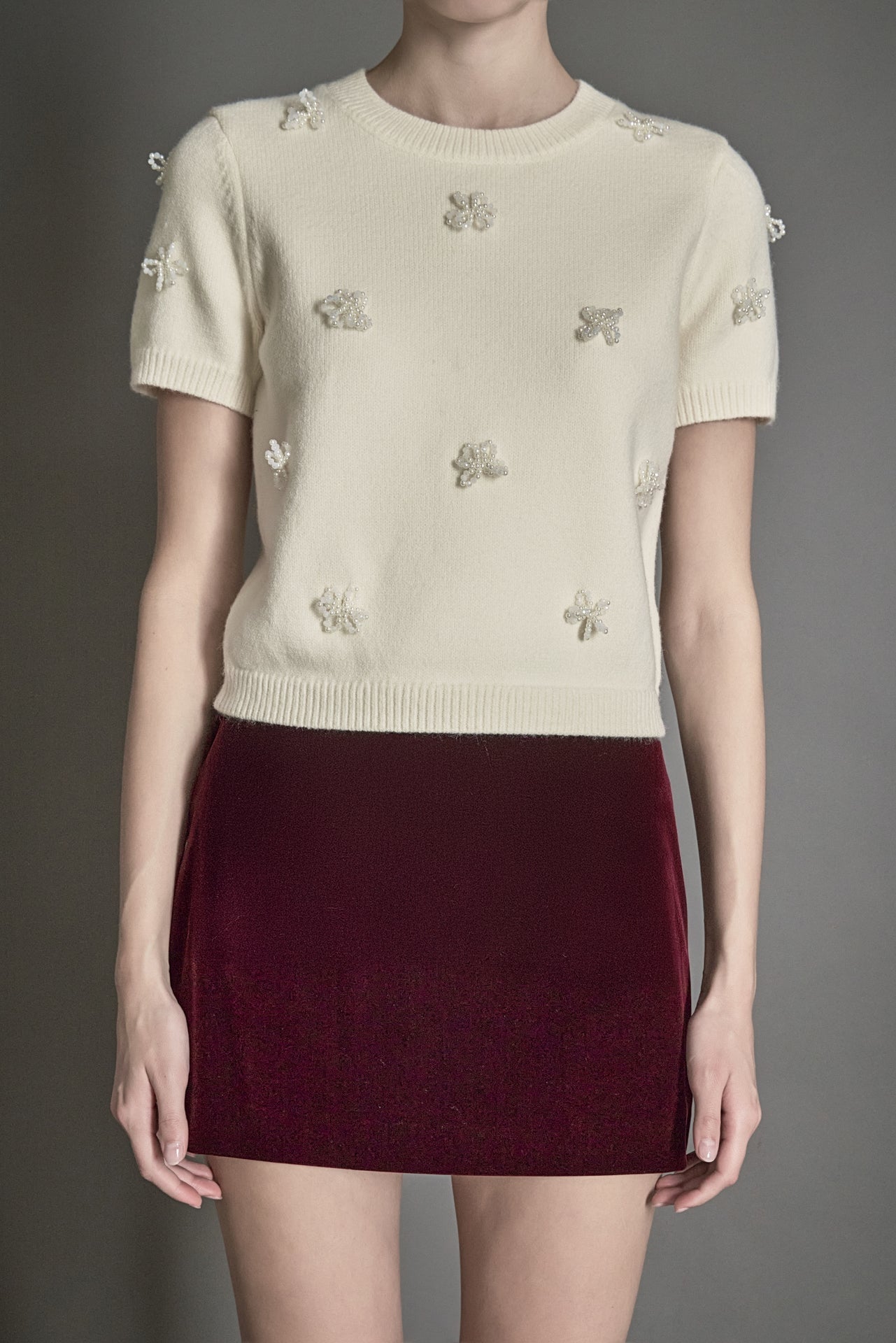 ENDLESS ROSE - Pearl Trim Short Sleeve Sweater - SWEATERS & KNITS available at Objectrare