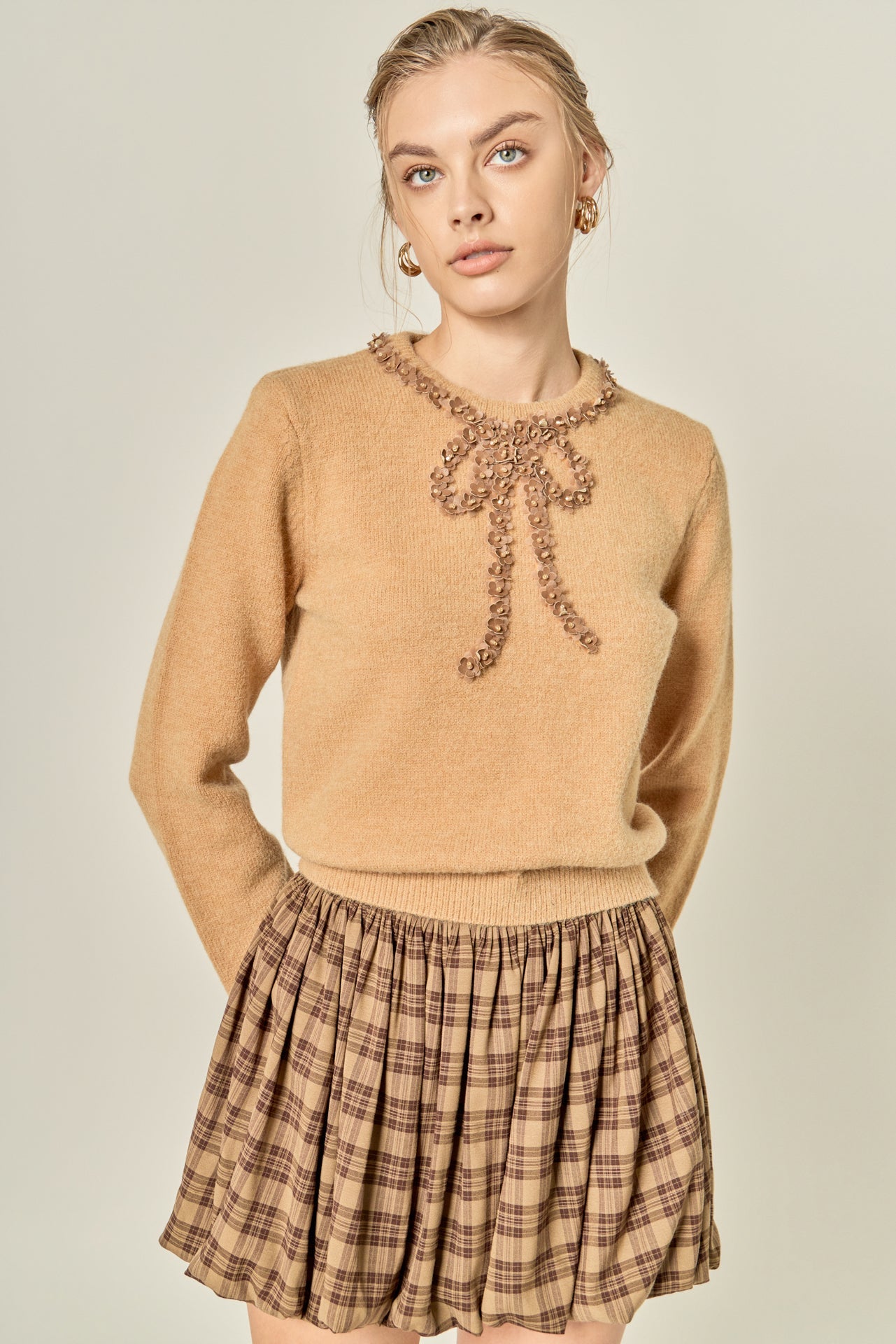 ENGLISH FACTORY - Sheer Floral Bow Trim Sweater - SWEATERS & KNITS available at Objectrare