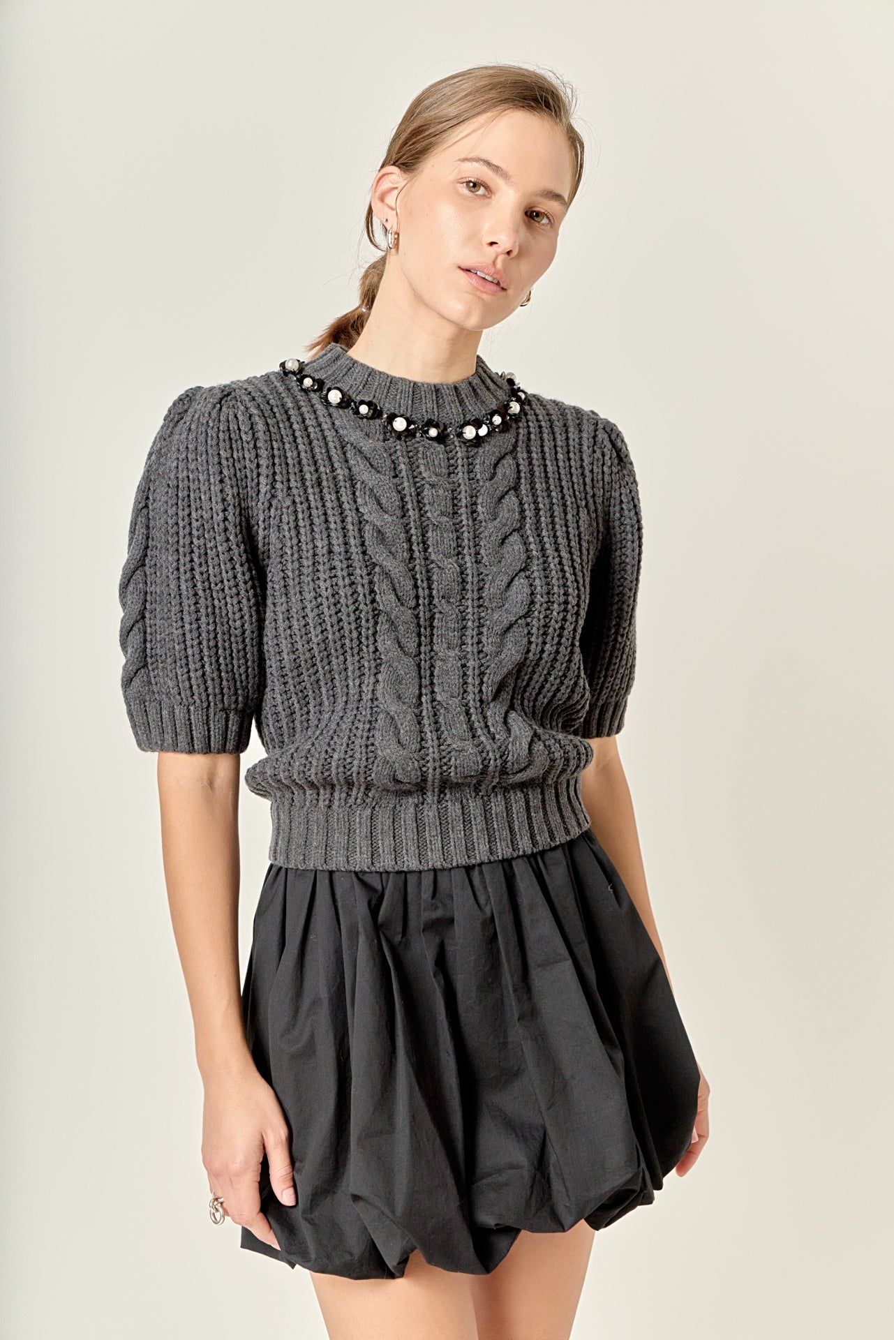 ENGLISH FACTORY - Pearl Embellishment Puff Sleeve Knit - SWEATERS & KNITS available at Objectrare