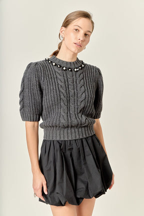 ENGLISH FACTORY - Pearl Embellishment Puff Sleeve Knit - SWEATERS & KNITS available at Objectrare