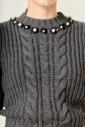 ENGLISH FACTORY - Pearl Embellishment Puff Sleeve Knit - SWEATERS & KNITS available at Objectrare