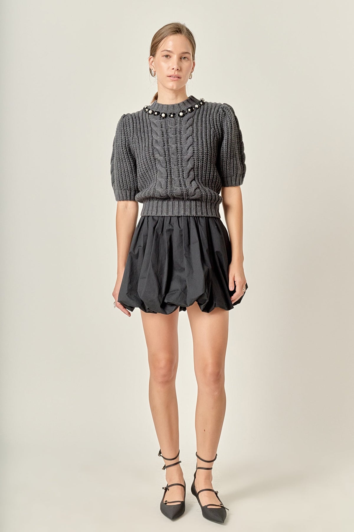ENGLISH FACTORY - Pearl Embellishment Puff Sleeve Knit - SWEATERS & KNITS available at Objectrare