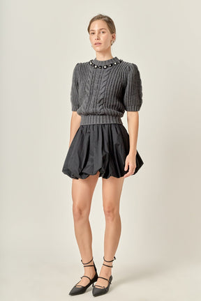 ENGLISH FACTORY - Pearl Embellishment Puff Sleeve Knit - SWEATERS & KNITS available at Objectrare