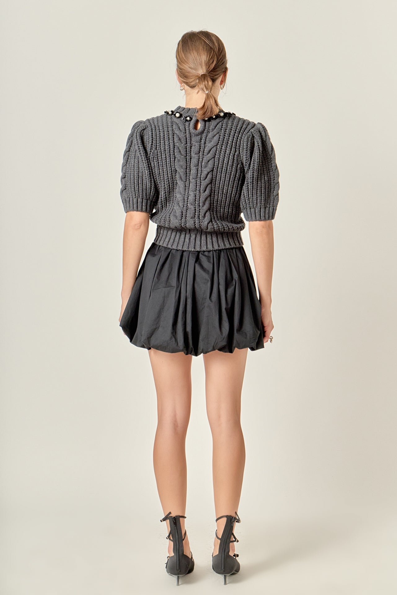 ENGLISH FACTORY - Pearl Embellishment Puff Sleeve Knit - SWEATERS & KNITS available at Objectrare