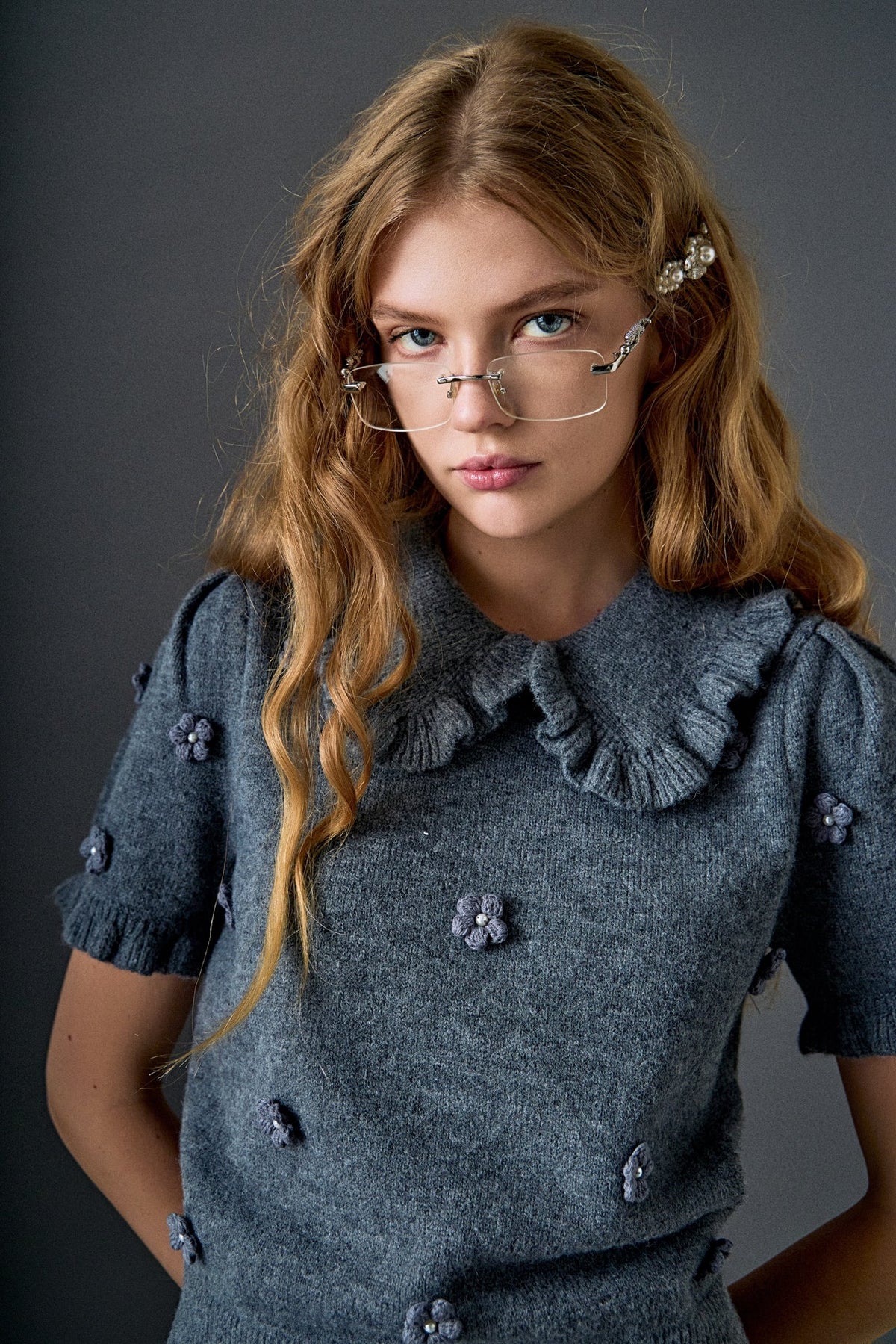 Pearl Floral Ruffle Sleeve Knit