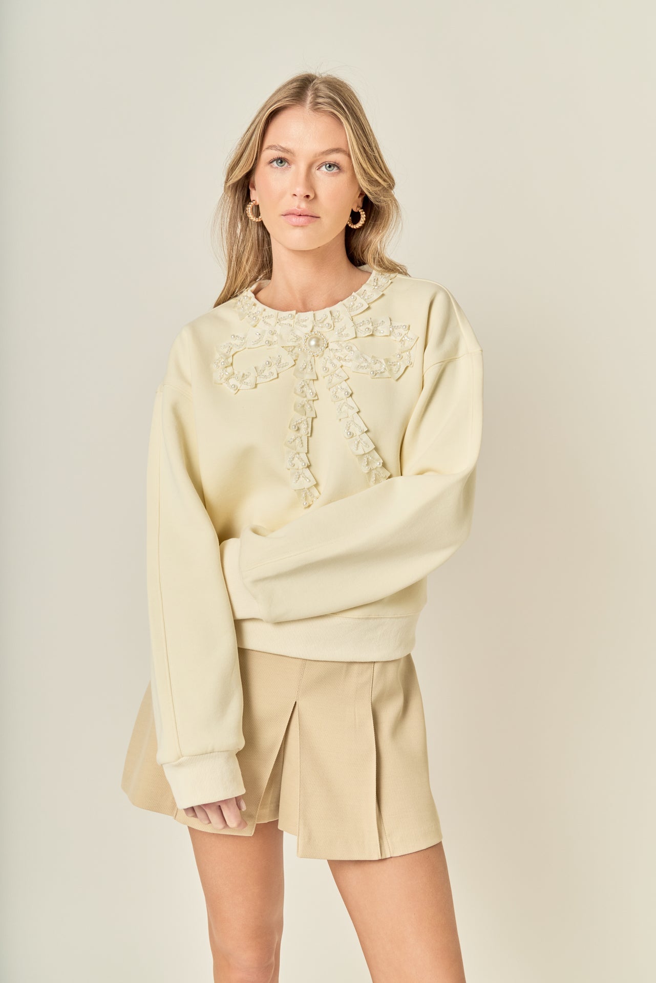 ENGLISH FACTORY - Beaded Ribbon Neck Trim Sweatshirt - SWEATERS & KNITS available at Objectrare