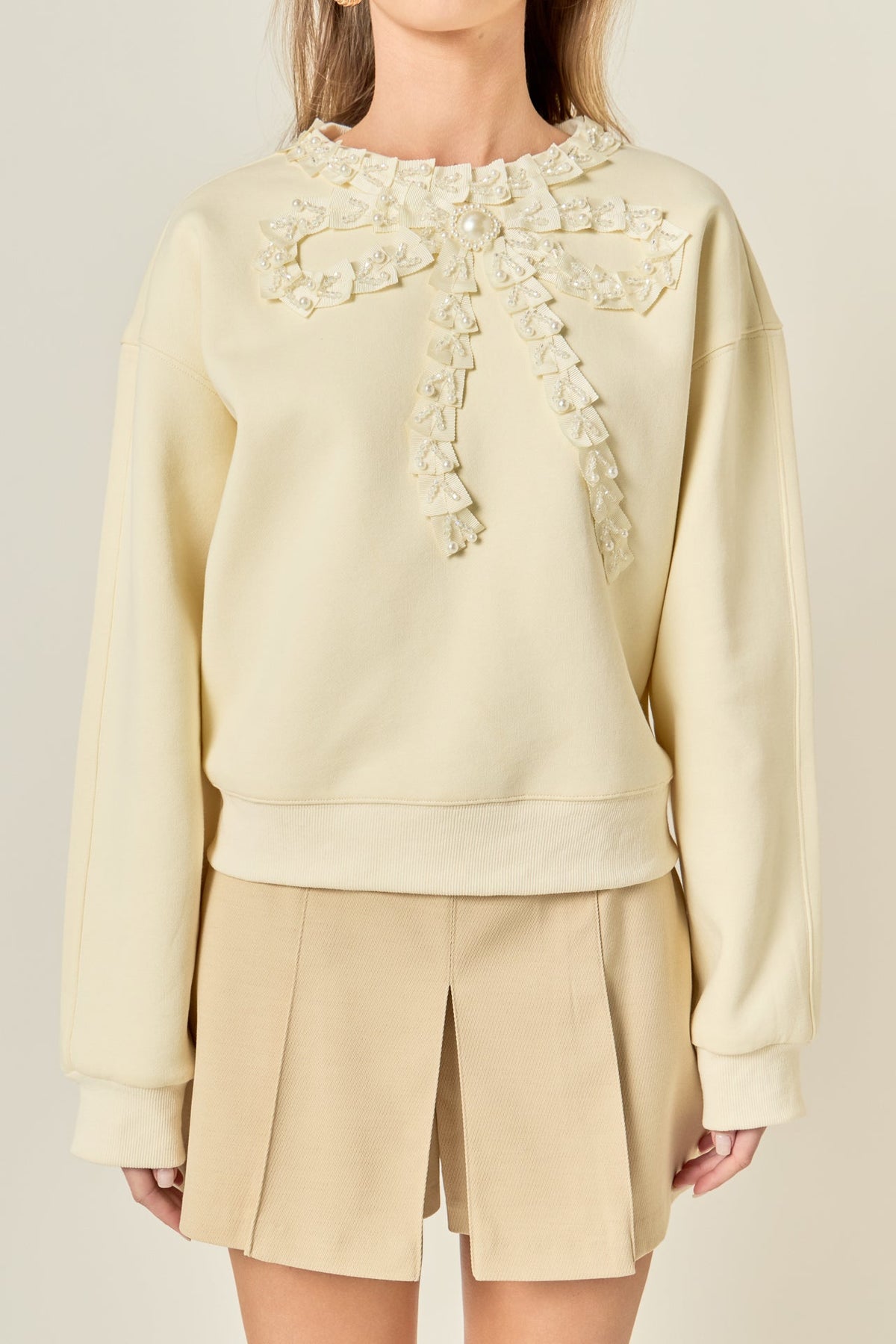 ENGLISH FACTORY - Beaded Ribbon Neck Trim Sweatshirt - SWEATERS & KNITS available at Objectrare