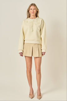 ENGLISH FACTORY - Beaded Ribbon Neck Trim Sweatshirt - SWEATERS & KNITS available at Objectrare