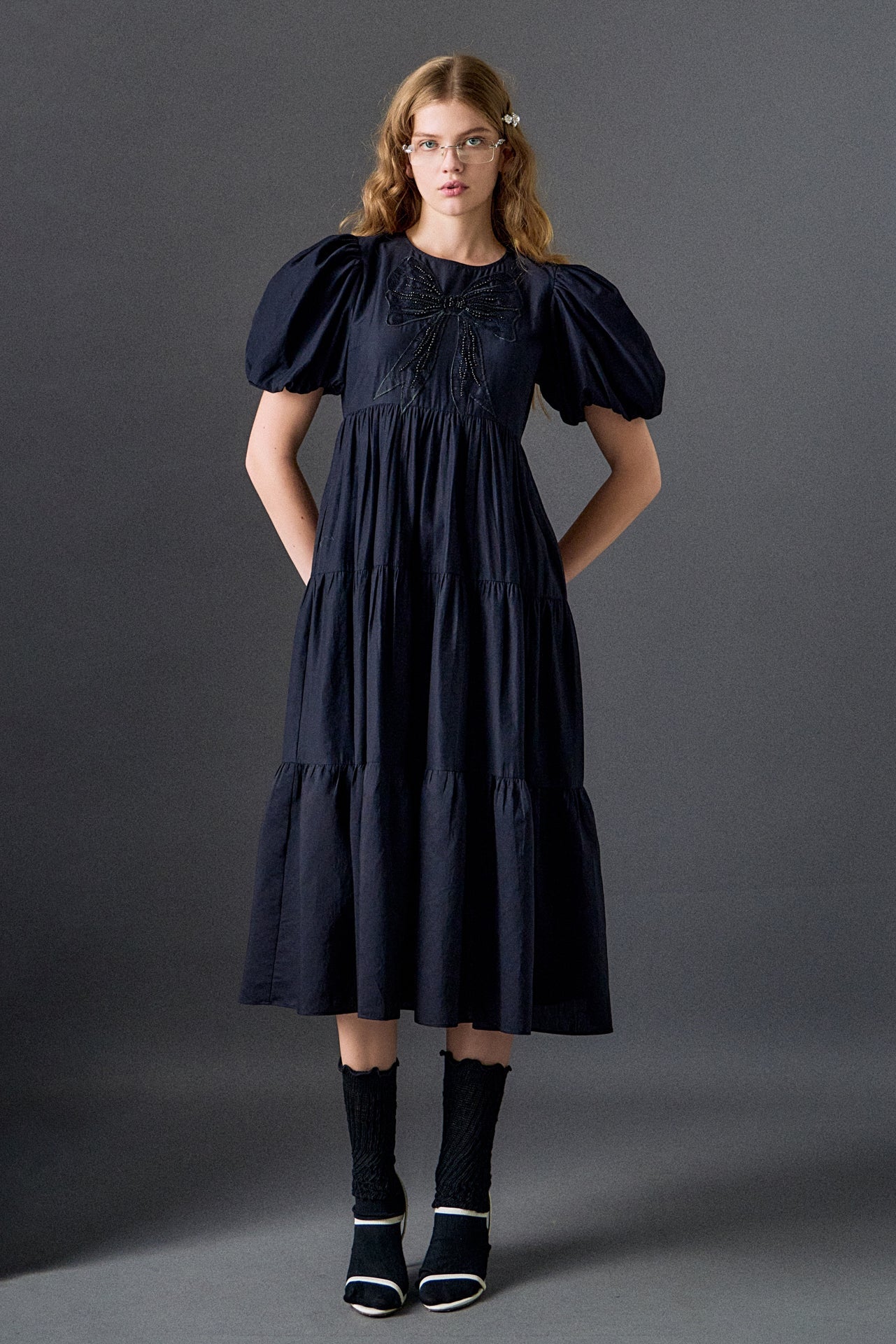 ENGLISH FACTORY - Bow Puff Sleeve Midi Dress - DRESSES available at Objectrare