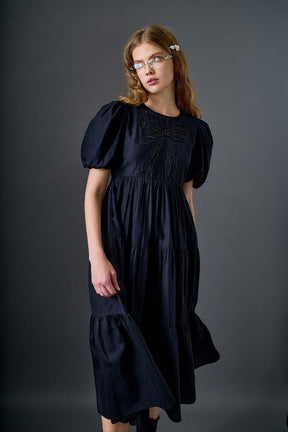 ENGLISH FACTORY - Bow Puff Sleeve Midi Dress - DRESSES available at Objectrare