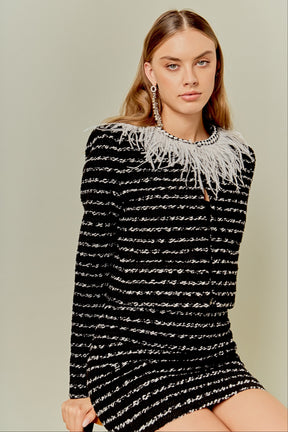 ENDLESS ROSE - Feather Detailed Bow Tweed Jacket - JACKETS available at Objectrare