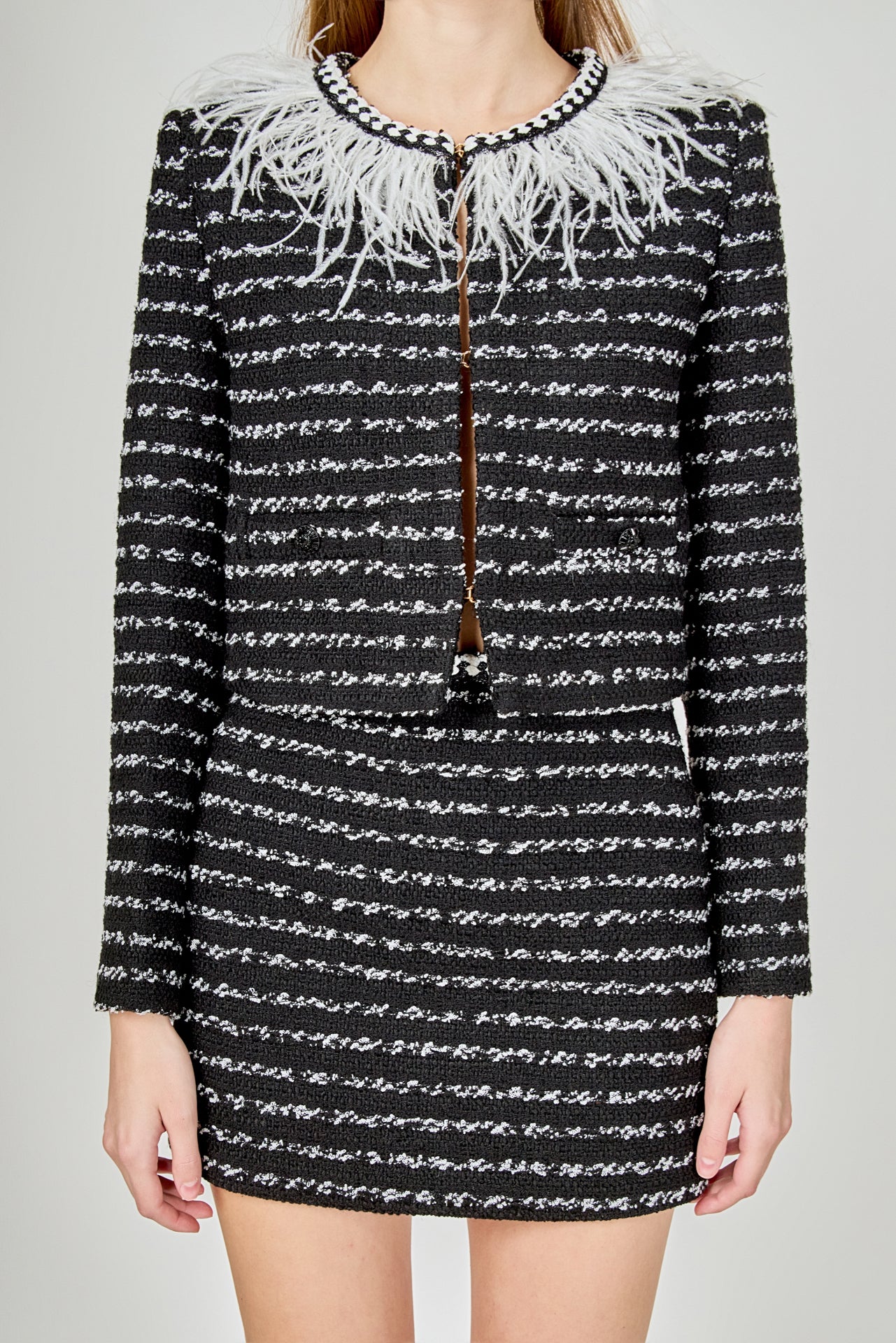 ENDLESS ROSE - Feather Detailed Bow Tweed Jacket - JACKETS available at Objectrare