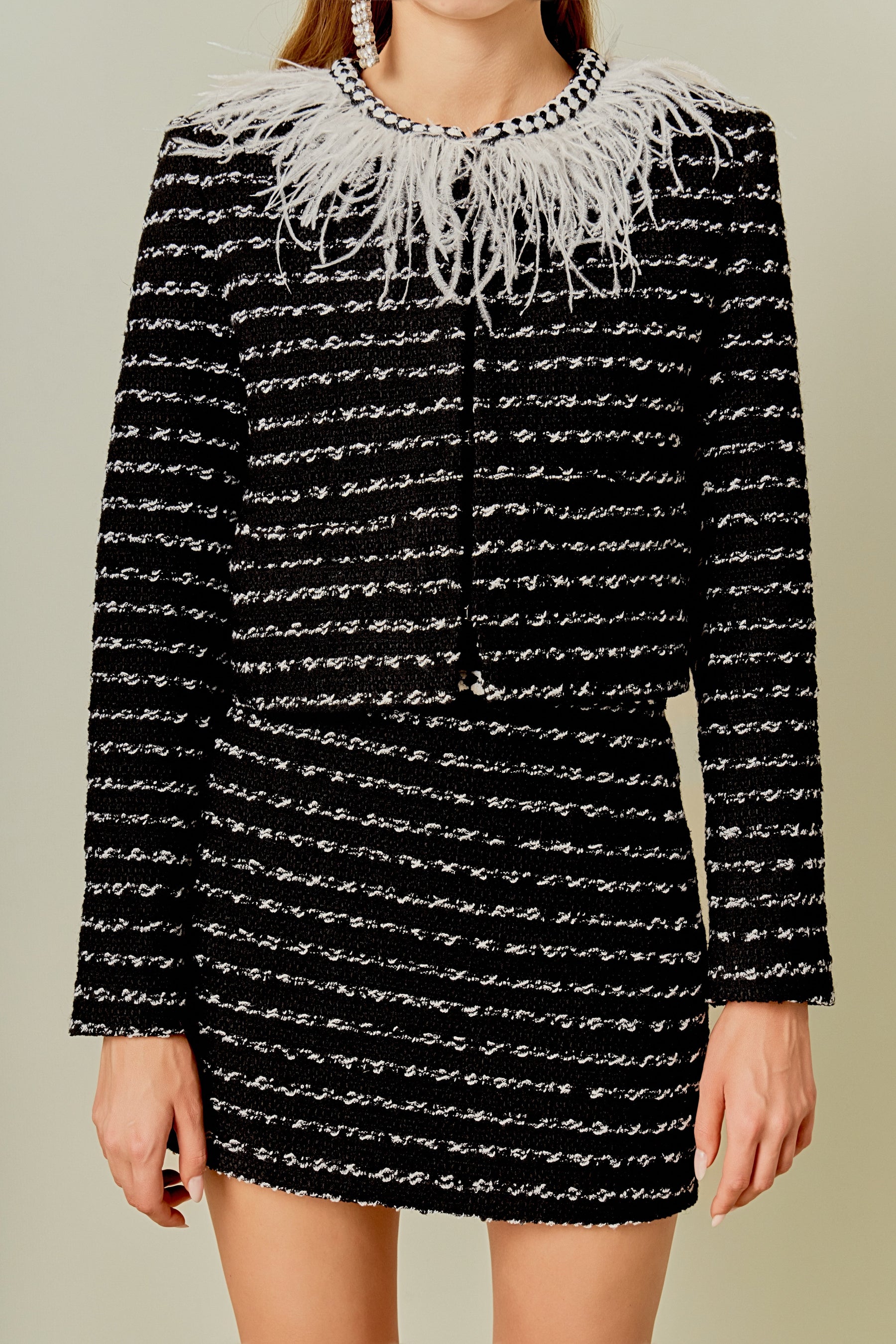 ENDLESS ROSE - Feather Detailed Bow Tweed Jacket - JACKETS available at Objectrare