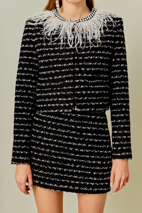 ENDLESS ROSE - Feather Detailed Bow Tweed Jacket - JACKETS available at Objectrare