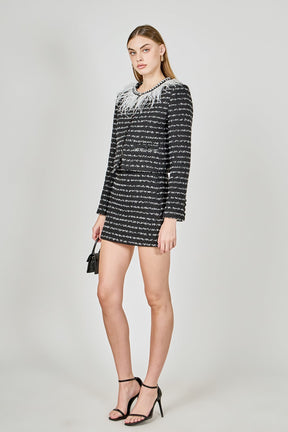ENDLESS ROSE - Feather Detailed Bow Tweed Jacket - JACKETS available at Objectrare
