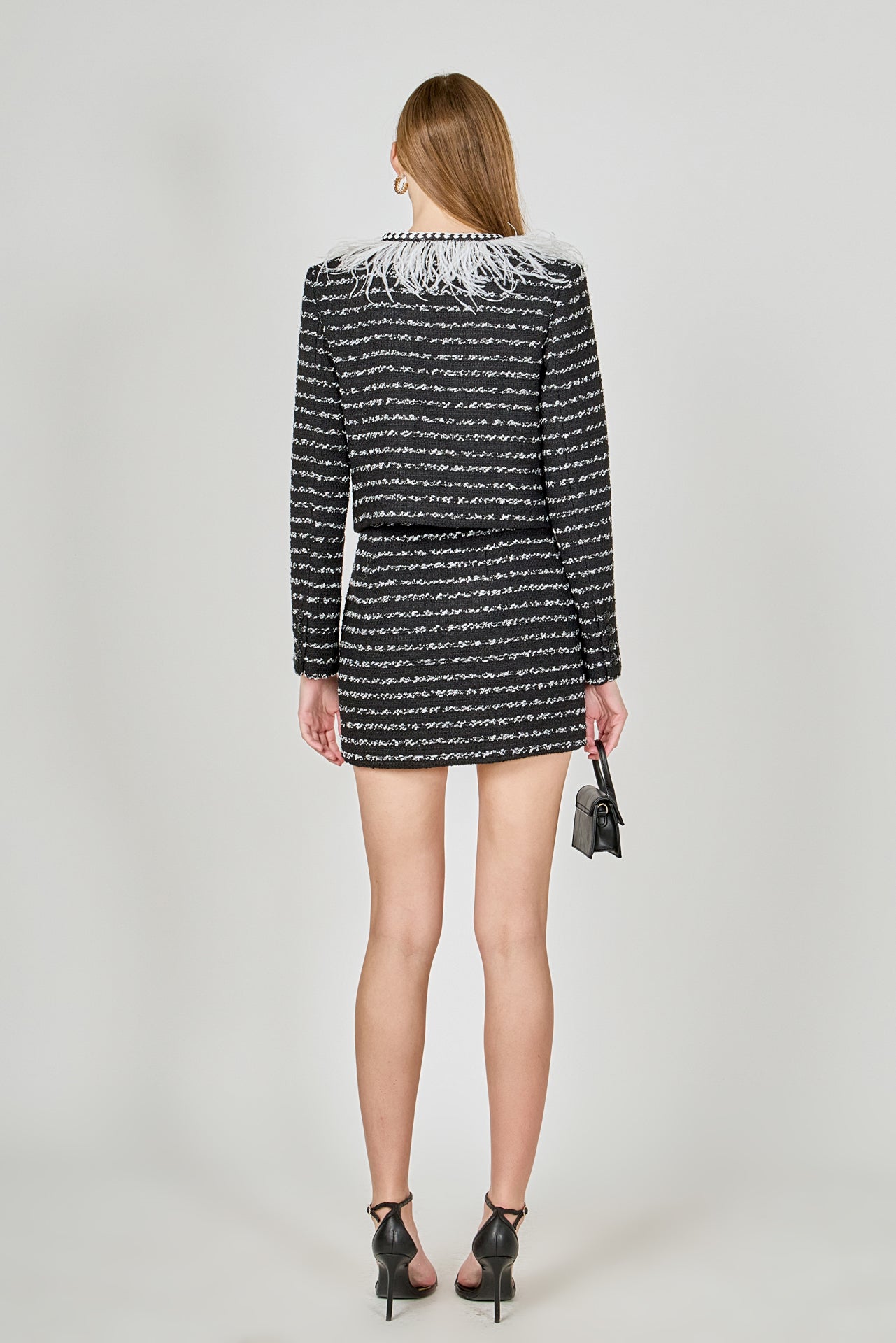 ENDLESS ROSE - Feather Detailed Bow Tweed Jacket - JACKETS available at Objectrare