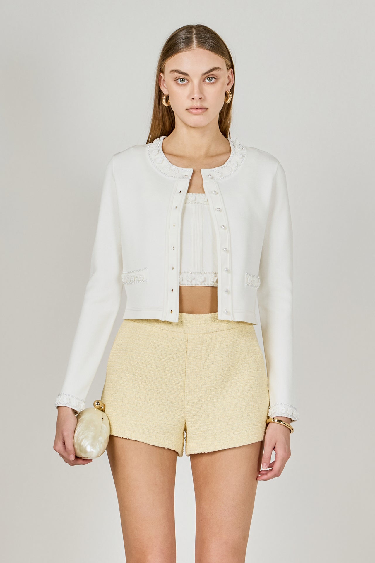 Flower and Pearl Trim Knit Cardigan