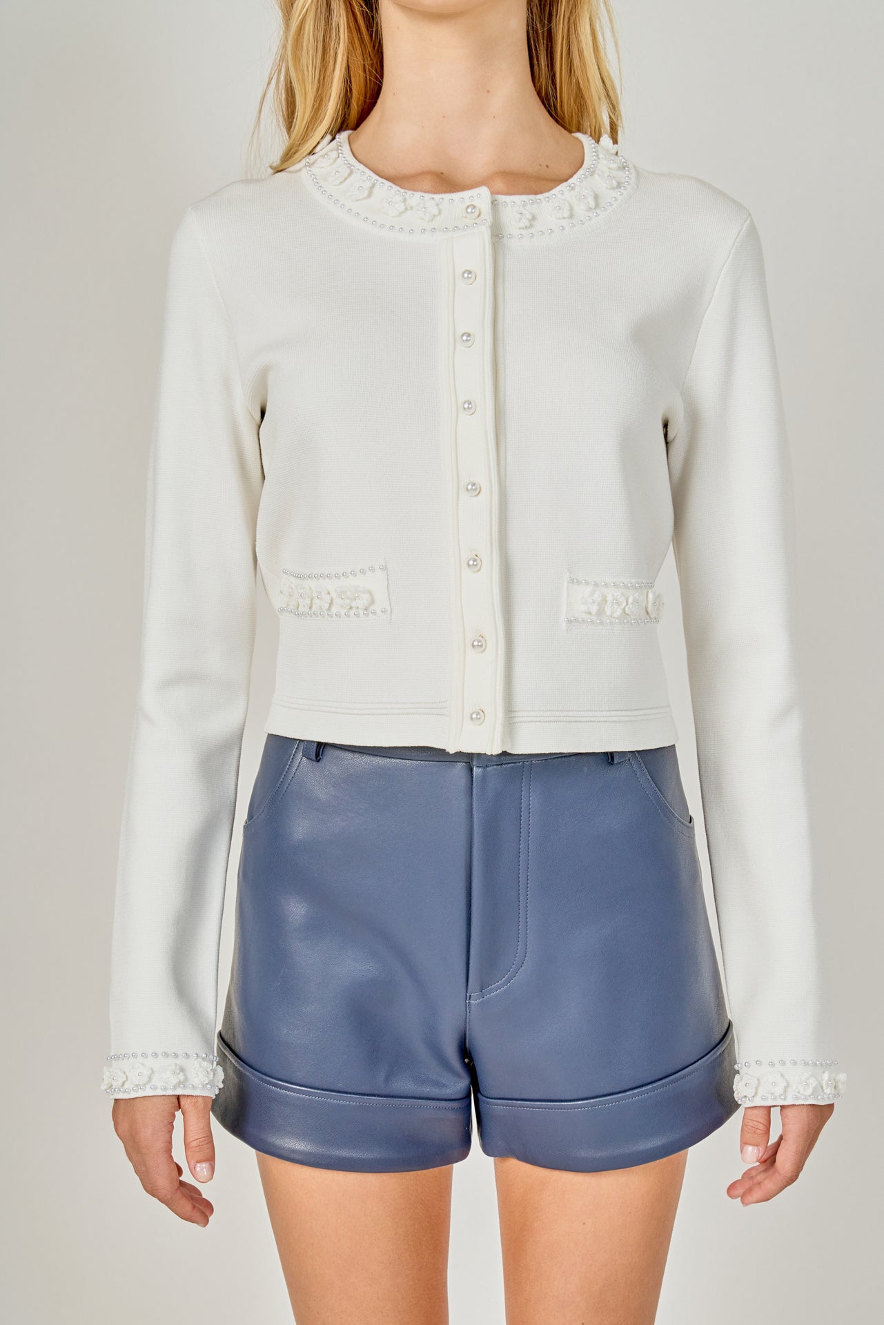 Flower and Pearl Trim Knit Cardigan