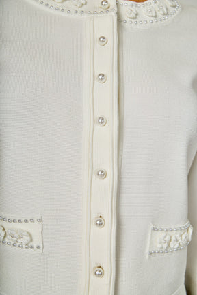 Flower and Pearl Trim Knit Cardigan