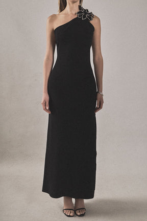ENDLESS ROSE - Flower Detail One Shoulder Knit Maxi Dress - DRESSES available at Objectrare