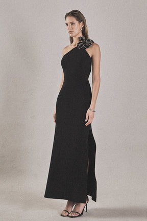 ENDLESS ROSE - Flower Detail One Shoulder Knit Maxi Dress - DRESSES available at Objectrare