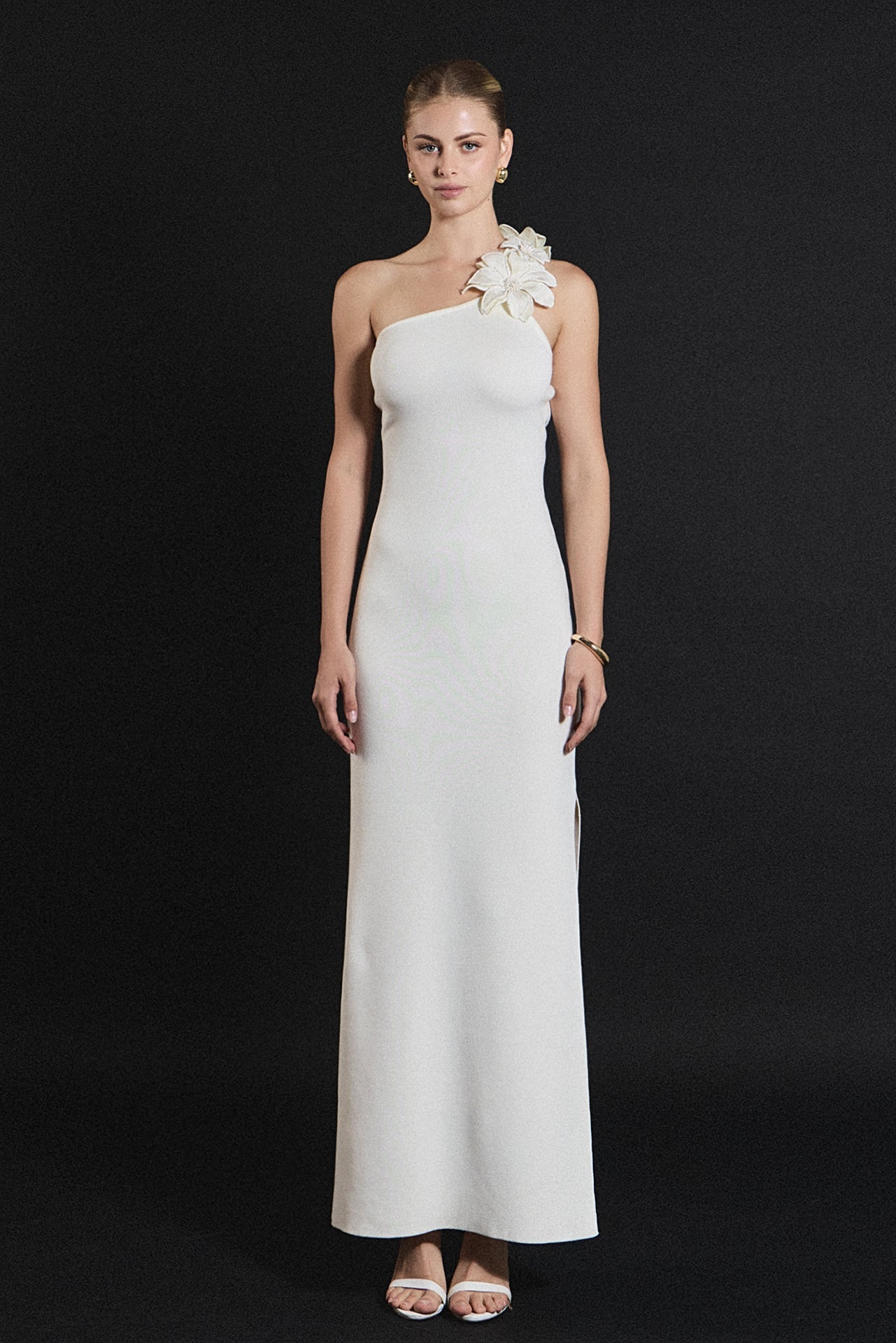 ENDLESS ROSE - Flower Detail One Shoulder Knit Maxi Dress - DRESSES available at Objectrare