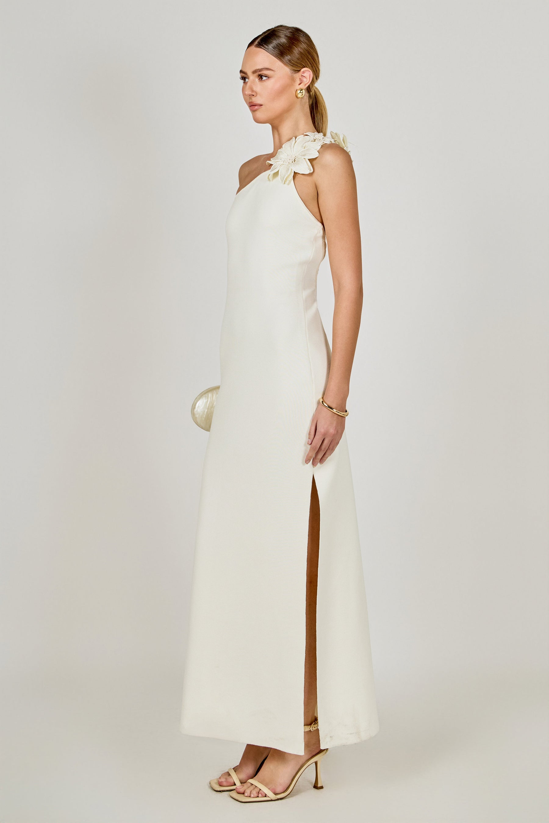 ENDLESS ROSE - Flower Detail One Shoulder Knit Maxi Dress - DRESSES available at Objectrare