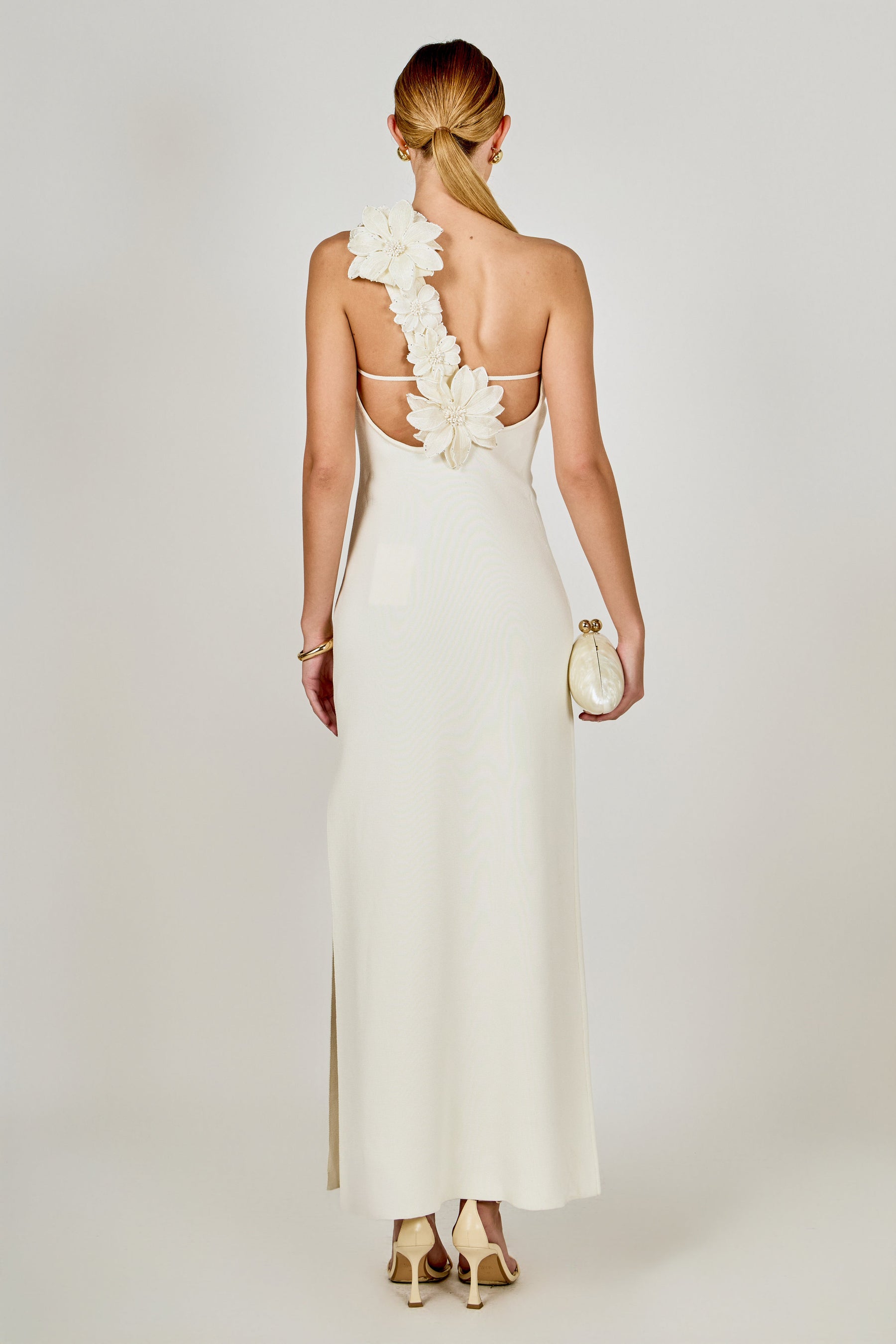 Flower Detail One Shoulder Knit Maxi Dress