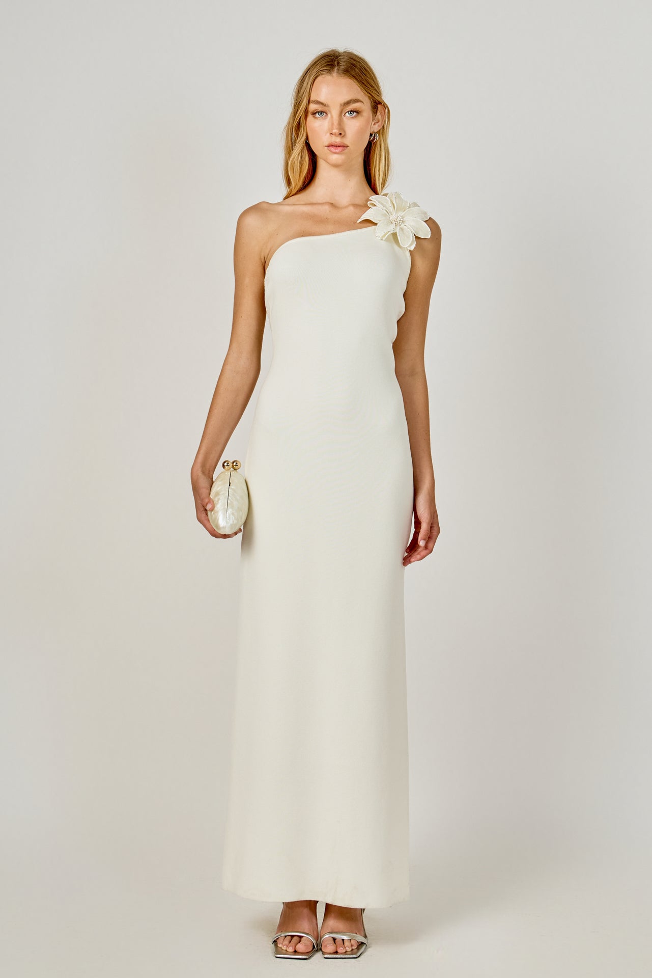 ENDLESS ROSE - Flower Detail One Shoulder Knit Maxi Dress - DRESSES available at Objectrare