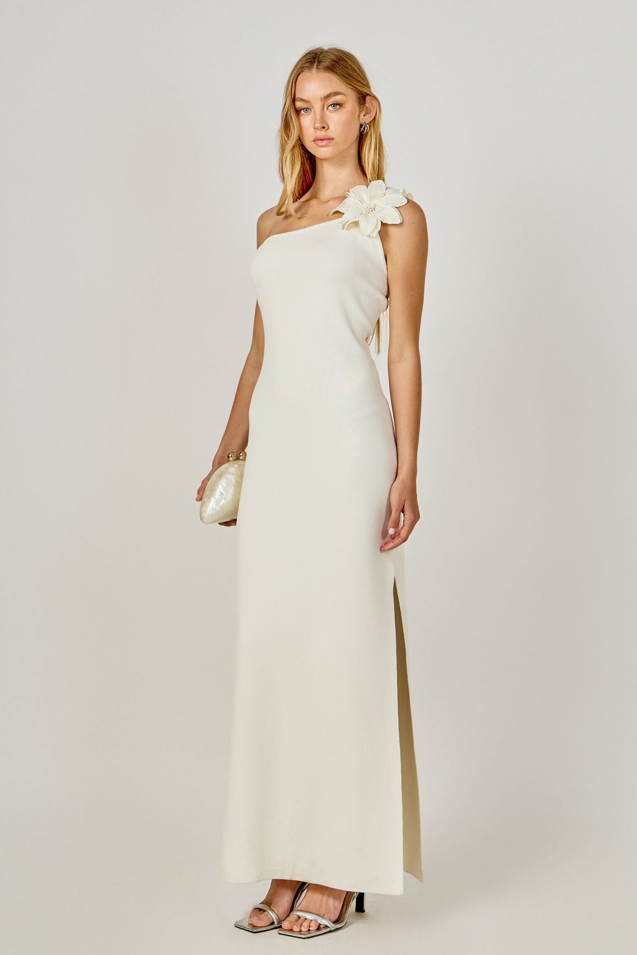 ENDLESS ROSE - Flower Detail One Shoulder Knit Maxi Dress - DRESSES available at Objectrare