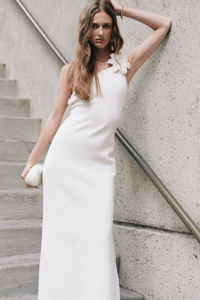 Flower Detail One Shoulder Knit Maxi Dress