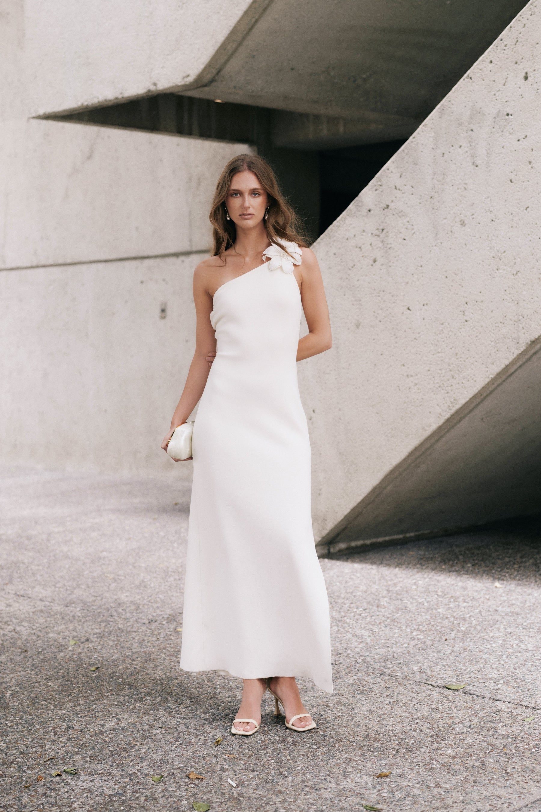 Flower Detail One Shoulder Knit Maxi Dress OFF White / M