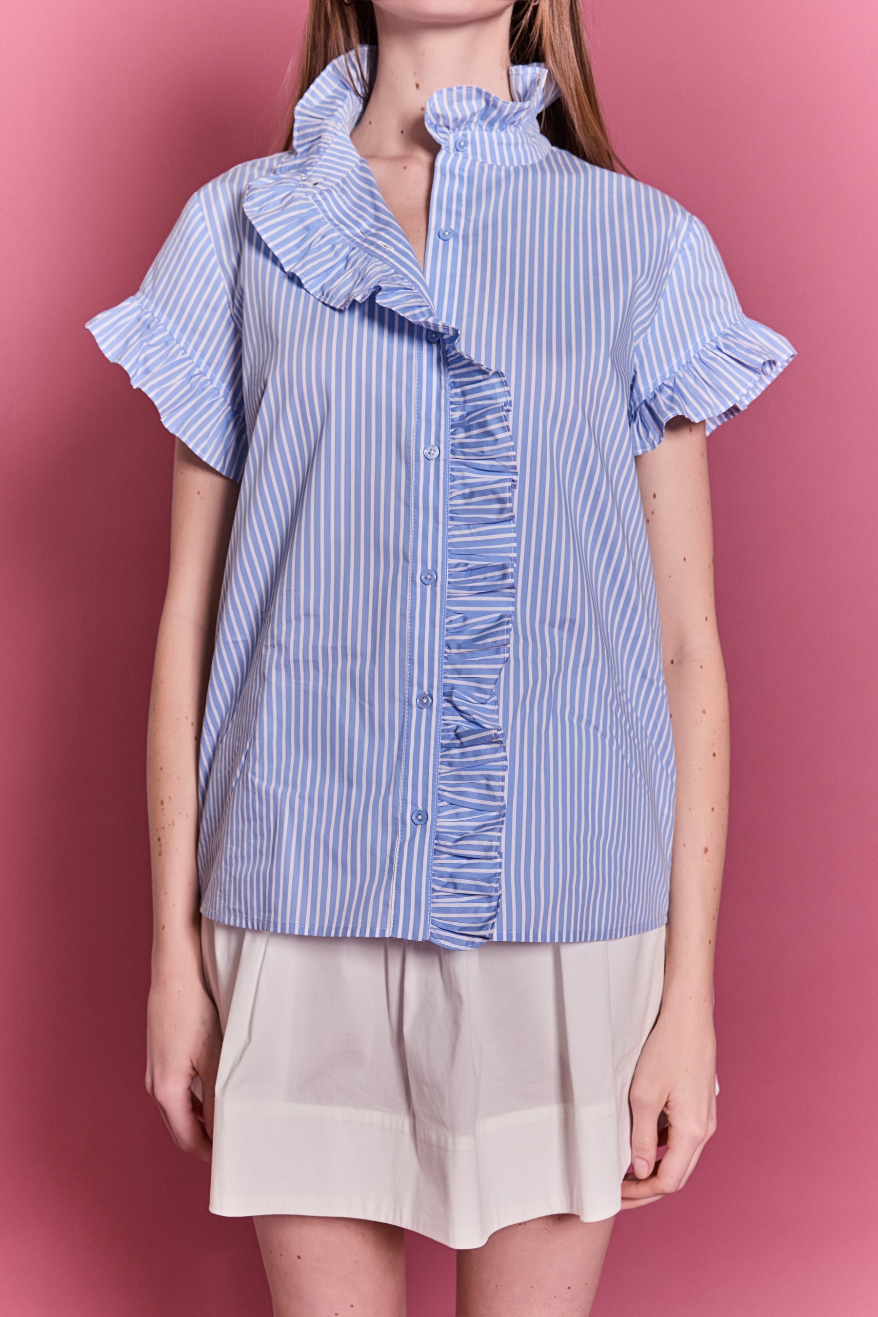 ENGLISH FACTORY - Ruffle Trim Striped Button-Up Shirt - SHIRTS & BLOUSES available at Objectrare