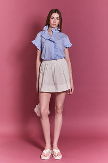 ENGLISH FACTORY - Ruffle Trim Striped Button-Up Shirt - SHIRTS & BLOUSES available at Objectrare