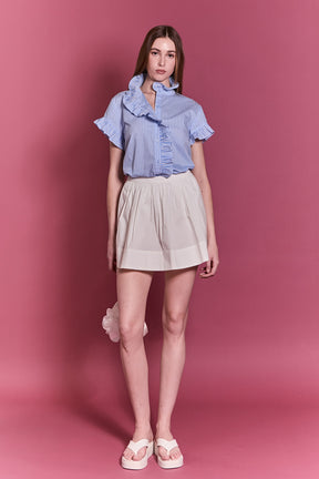 ENGLISH FACTORY - Ruffle Trim Striped Button-Up Shirt - SHIRTS & BLOUSES available at Objectrare